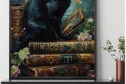Witchy Cat in Library - house decoration