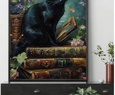 Witchy Cat in Library - house decoration