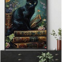 Witchy Cat in Library - house decoration