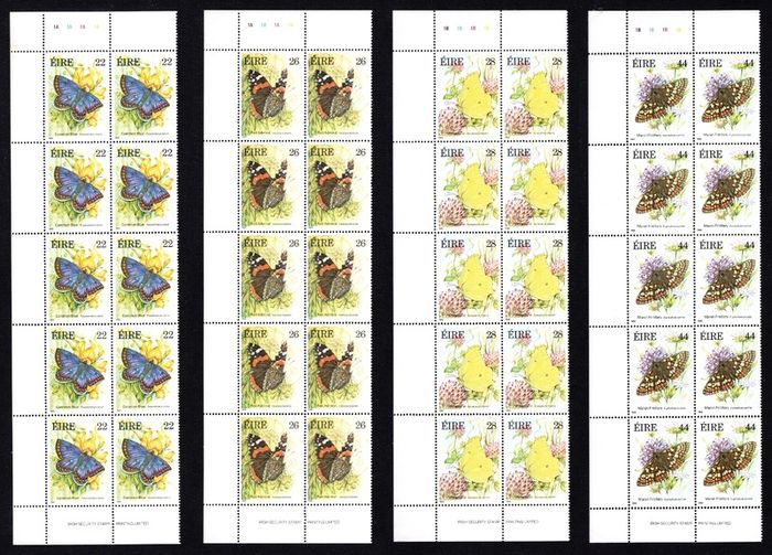 1985 Ireland Fauna & Flora Butterflies Commemorative Stamps Marginal left block of 10 with plate numbers Mint Never Hinged (MNH)