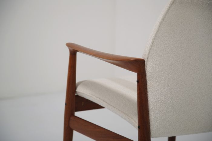 Vintage Danish Teak and White Boucle Armchair by Grete Jalk, 1960s.