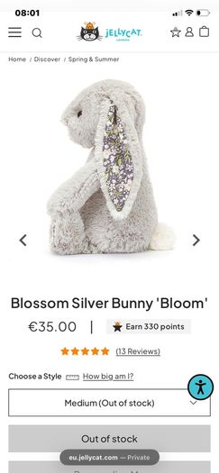 New JELLYCAT Medium Silver Blossom Bunny Bloom