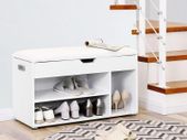Padded shoe bench 3 compartments white shoe bench with seat cushion, 3 compartment chest, seat for shoe storage with seat, 2 steps, hallway furniture, white Maximum load capacity 150 kg