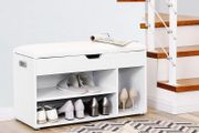 Padded shoe bench 3 compartments white shoe bench with seat cushion, 3 compartment chest, seat for shoe storage with seat, 2 steps, hallway furniture, white Maximum load capacity 150 kg