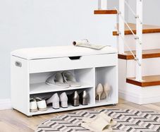 Padded shoe bench 3 compartments white shoe bench with seat cushion, 3 compartment chest, seat for shoe storage with seat, 2 steps, hallway furniture, white Maximum load capacity 150 kg