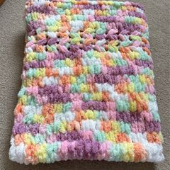 Handknit baby blanket super soft chenille yarn purple brights mix