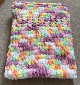 Handknit baby blanket super soft chenille yarn purple brights mix
