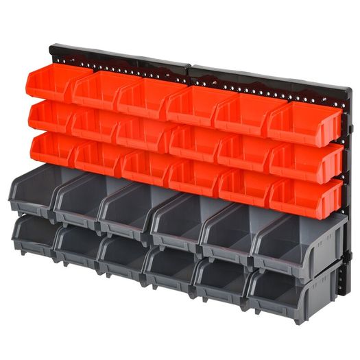 Wall Mounted Storage Bin Rack Tool Organizer with 30 Bins, Pegboard for Garage Workshops Red