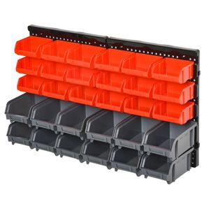 Wall Mounted Storage Bin Rack Tool Organizer with 30 Bins, Pegboard for Garage Workshops Red