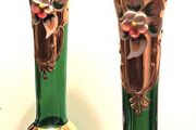 2 x Emerald Green Bohemian Art Glass Bud Vases