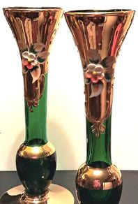 2 x Emerald Green Bohemian Art Glass Bud Vases
