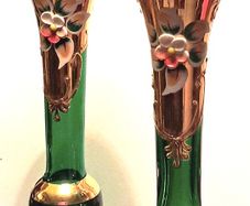 2 x Emerald Green Bohemian Art Glass Bud Vases