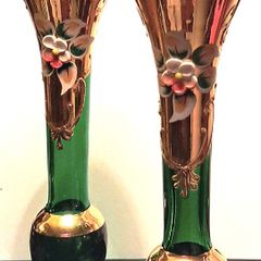 2 x Emerald Green Bohemian Art Glass Bud Vases