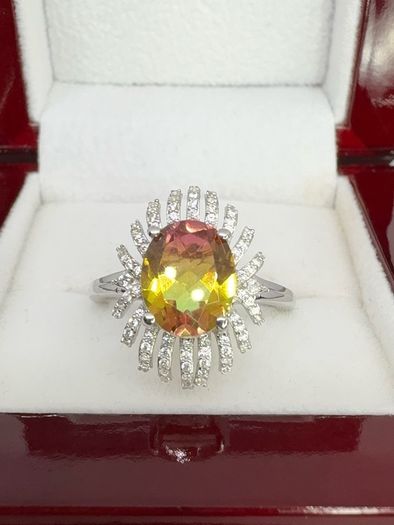 Silver Rainbow Genesis Quartz & Zircon "Sunburst" Ring