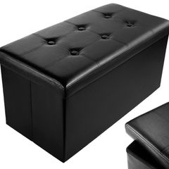 Faux Leather 76x38x38cm Black Ottoman Foldable Storage Boxes Seat Foot Stool Storage Box with Lids for Kids Toys, Bedroom, Hallway, Living Room (FREE POSTAGE)