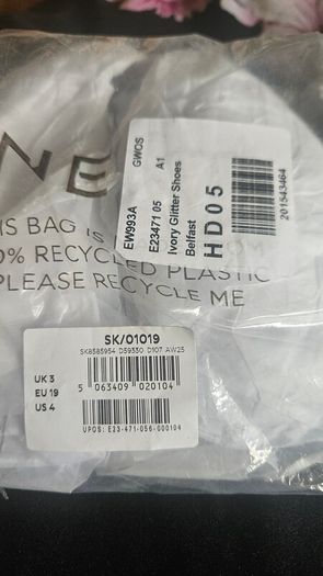 Next Ivory Glitter Wide Fit (G) Flower Girl Occasion Mary Jane Shoes Size UK3 EU19