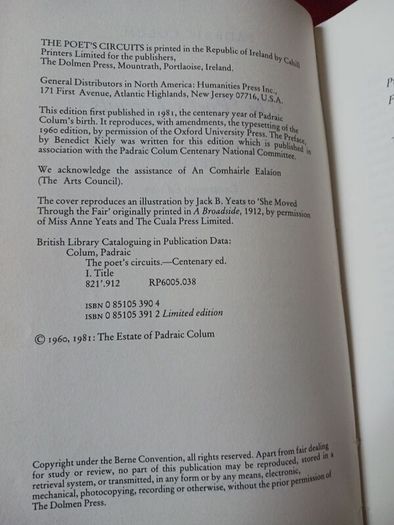 Padraic Colum / The Poet's Circuits/ Collected Poems of Ireland/ Centenary edition/ 1981
