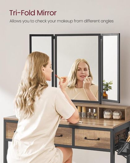 Dressing Table with Mirror and Stool, Vanity Table with Tri-Fold Mirror, 3 Drawers, Hair Dryer Holder