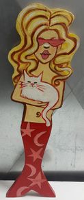 Hand painted wood mermaid figure with cat