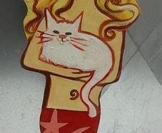Hand painted wood mermaid figure with cat