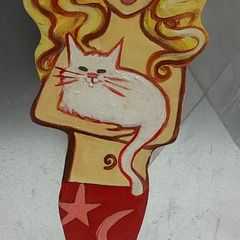 Hand painted wood mermaid figure with cat