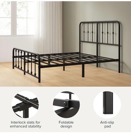 Double Bed Frame with Headboard - 4ft6 (135 x 190 cm) - 14'' Height - Metal Bed Base with Footboard - Steel Slat Support - Easy Assembly - Black