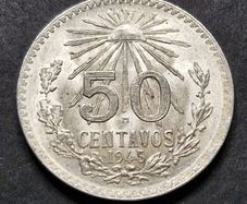 Excellent 1945 M Silver Mexico  50 Centavos coin