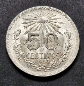 Excellent 1945 M Silver Mexico  50 Centavos coin