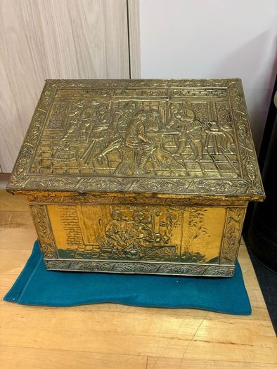 Vintage antique embossed brass fireside log box, coal box