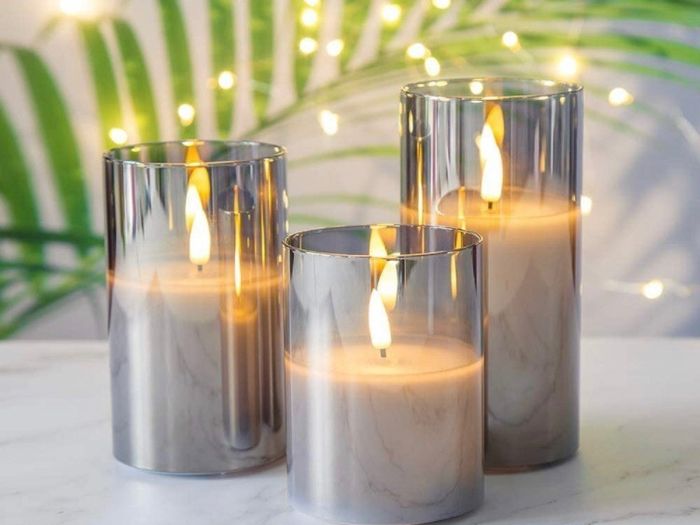 Silver Grey Glass Flameless Flickering Candles with Remote, 3 Pack Realistic LED Fake Candles 3 Inch H 4 Inch 5 Inch 6 Inch