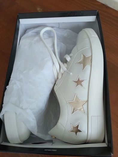 Dune London white multi star lace up trainers, size uk4/eu37