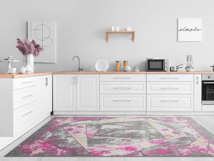 Living Room RUG - Short Pile, Bordered, Soft, Area Carpet for Bedroom & Home Decoration, Square Pattern Rugs, Contemporary, Small to Extra Large (Grey_Pink, 80 x 150 cm)