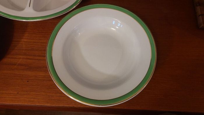 Vintage Divided Serving Bowl and a Matching Pair of Arklow Pottery Green and Gilt Rimmed 9.5" Rimmed Soup Bowls, Price for  All!
