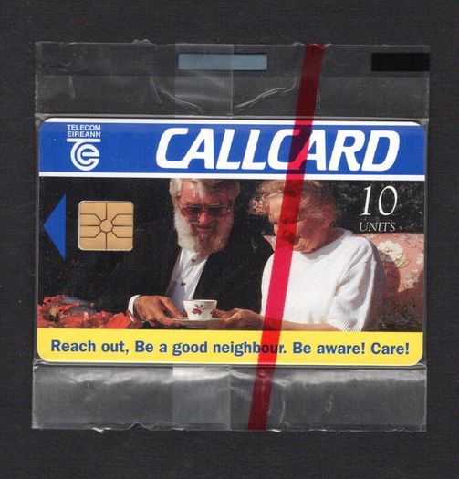 1996 Ireland 10 unit "Reach Out" initiative encourages people to visit their elderly neighbours regularly and make sure they are not unwell or vulnerable (Gemplus GEM1) Call Card Mint in packaging. Shows Ronnie Drew. Telecom Eireann card number 1137.
