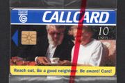 1996 Ireland 10 unit "Reach Out" initiative encourages people to visit their elderly neighbours regularly and make sure they are not unwell or vulnerable (Gemplus GEM1) Call Card Mint in packaging. Shows Ronnie Drew. Telecom Eireann card number 1137.
