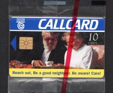 1996 Ireland 10 unit "Reach Out" initiative encourages people to visit their elderly neighbours regularly and make sure they are not unwell or vulnerable (Gemplus GEM1) Call Card Mint in packaging. Shows Ronnie Drew. Telecom Eireann card number 1137.