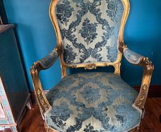 Beautiful Antique French Louis XV Style Gilt Armchair - Ornate Carved Blue Damask