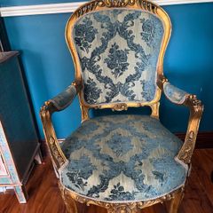 Beautiful Antique French Louis XV Style Gilt Armchair - Ornate Carved Blue Damask