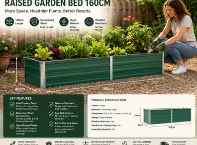 Raised Garden Bed 160cm Galvanised Steel Planter Box Green