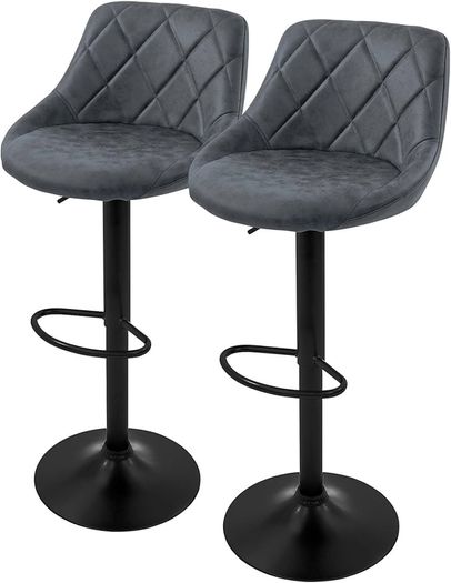 Set of 2 Bar Stools, Anthracite, Adjustable Height, Faux Leather, 360 Swivel, Padded Seat with Backrest & Footrest, Modern Counter Height Bar Chairs for Kitchen, Home Bar & Bistro