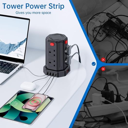 Tower Extension Lead, [13A 3250W] Surge Protector Extension Lead,8 AC Outlets & 4 USB Ports Multi Plug Socket Power Strip with 3M Extension Cable for Home, Office
