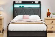 Single Bed Frame with 3ft Upholstered Wooden Storage Headboard, Grey Single Bed Frame with LED Lights &amp; USB Charging, 90x190cm Two-shelf Storage Headboard, Heavy Duty Slats for Small Bedrooms