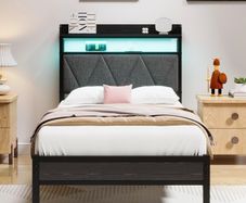 Single Bed Frame with 3ft Upholstered Wooden Storage Headboard, Grey Single Bed Frame with LED Lights & USB Charging, 90x190cm Two-shelf Storage Headboard, Heavy Duty Slats for Small Bedrooms