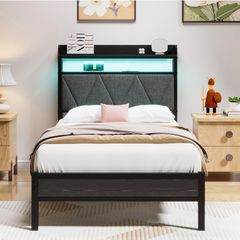 Single Bed Frame with 3ft Upholstered Wooden Storage Headboard, Grey Single Bed Frame with LED Lights & USB Charging, 90x190cm Two-shelf Storage Headboard, Heavy Duty Slats for Small Bedrooms