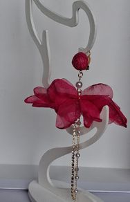 Fuchsia Pink Clip On Tassel Chain Crystal & Pearl Earrings