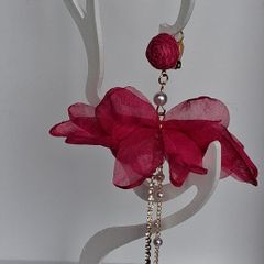 Fuchsia Pink Clip On Tassel Chain Crystal & Pearl Earrings