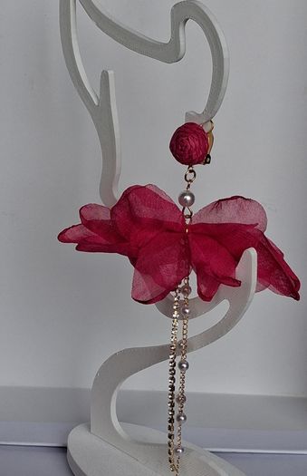 Fuchsia Pink Clip On Tassel Chain Crystal & Pearl Earrings