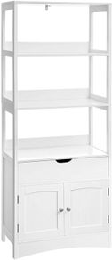 _tall cabinet, bathroom cabinet, free-standing bathroom cabinet, bookcase, 3 open compartments, 1 drawer and 2 cabinet doors, 60 x 32.5 x 154 cm, hall, kitchen, study, white
