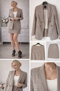 New Look Brown Check Double Breasted Blazer with Skirt