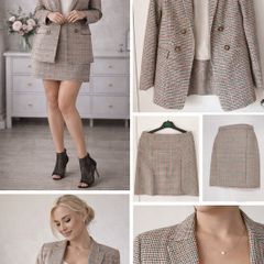 New Look Brown Check Double Breasted Blazer with Skirt